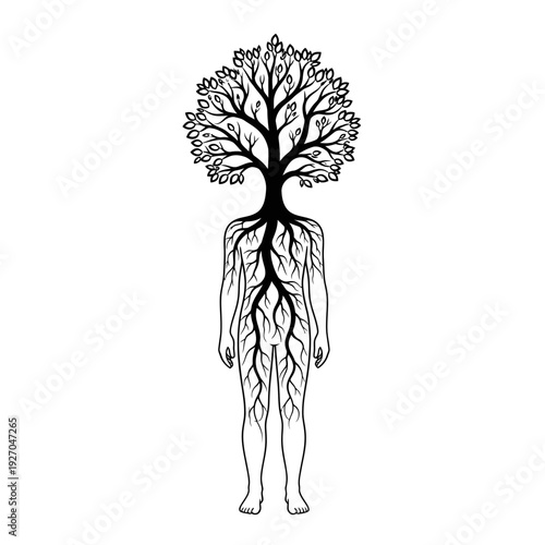 Human body with tree and roots instead of head and legs