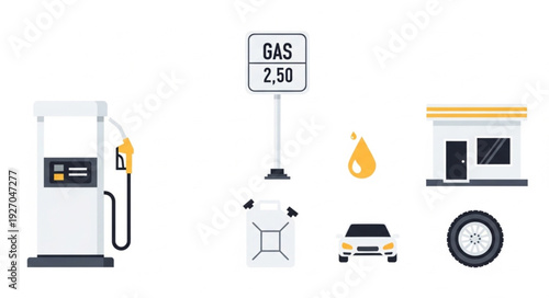 Gas station elements - fuel pump, sign, flame, car, and tire.