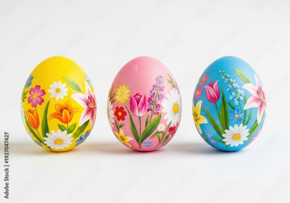 Fototapeta premium Three colorful easter eggs with floral designs isolated on white background