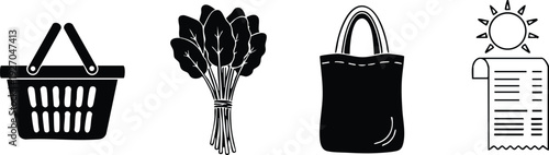 Minimalist black silhouette icons of shopping basket bundle of leaves reusable bag and sun shining over receipt illustrating spring and eco friendly concepts in vector design style