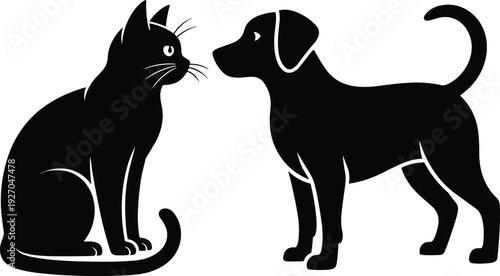 Black silhouette vector illustration of a domestic cat and dog facing each other isolated on white background depicting pet friendship and animal companionship concepts