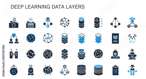 Conceptual deep learning and artificial intelligence data layer icons set