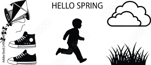 Black silhouette child running with kite cloud and grass icons lettering hello spring vector illustration design