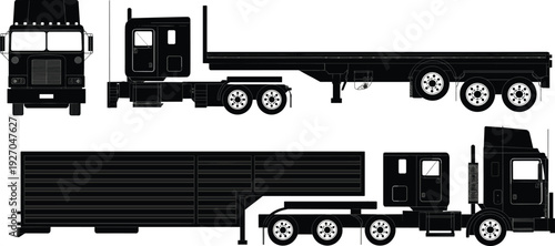 Black silhouette vector illustration of classic semi truck trailer and flatbed rig for heavy duty industrial freight logistics shipping and commercial transport icons