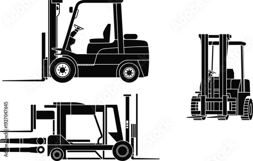 Black Silhouette Vector Set of Forklift Trucks with Industrial Counterbalance Forklift and Reach Truck Icons Isolated on White Background for Warehouse Logistics and Transport