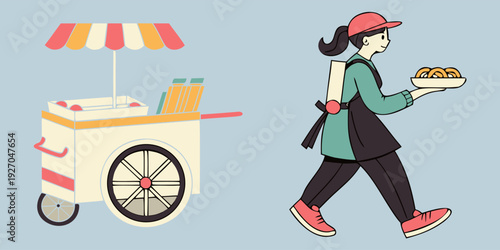 Street food vendor with mobile cart – flat vector illustration