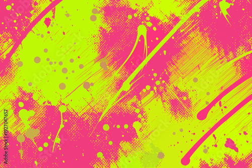 Abstract expressionist background with vibrant pink and yellow paint splatters