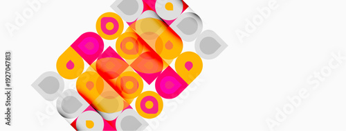 Abstract geometric pattern. Overlapping squares, circles create dynamic composition. Pink, yellow hues dominate white background. Modern design.