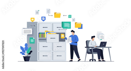 Organized office workers managing digital and physical files efficiently.