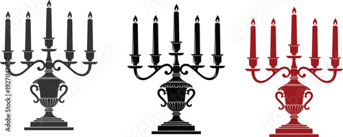 Vintage candelabra vector silhouette set with lit candles for elegant home decor, classical interior design, luxury events,