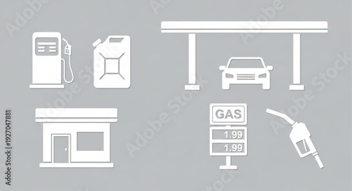 Gas station elements - fuel pump, gas can, car under canopy, shop, price sign, and nozzle.