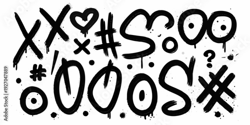 Black and white graffiti style lettering with hearts hashtags and symbols