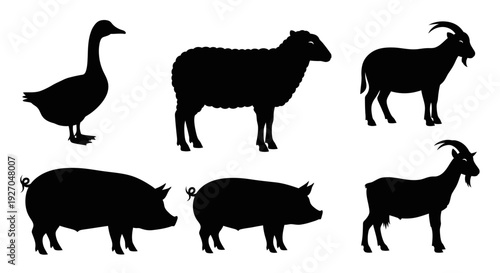Farm Animals Silhouettes Set: Goose, Sheep, Pigs, and Goats