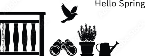 Minimalist black silhouette vector art of balcony railing bird flying binoculars plant pot watering can and hello spring text greeting seasonal nature design