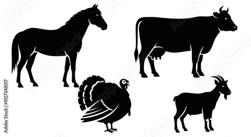 Farm Animals Silhouettes Set: Horse, Cow, Turkey, and Goat Icons on White Background
