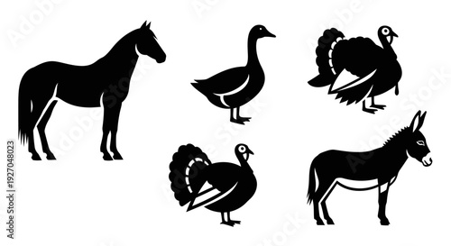Farm Animals Silhouettes Set: Horse, Goose, Turkey, Donkey Icons Collection