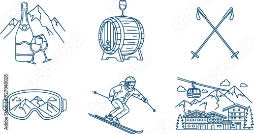 Ski resort winter sports collection with mountain landscapes skier goggles champagne and cable car cad drawing flat vector illustration for travel
