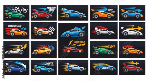 Collection of vibrant racing cars in motion against a dark backdrop, speed concept.