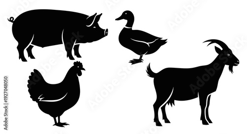 Farm Animals Silhouettes Set: Pig, Duck, Chicken, Goat Icons