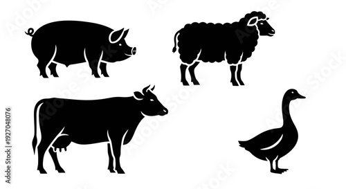 Farm Animals Silhouettes Set: Pig, Sheep, Cow, and Goose Icons