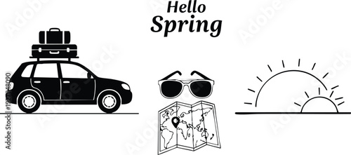 Minimalist black and white vector art showing car with luggage sunglasses and map and rising sun with text hello spring travel preparation concept
