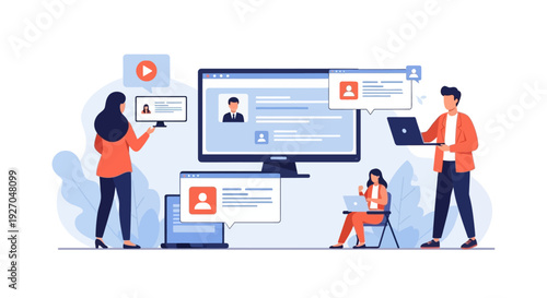 People interacting with digital profiles and data on screens.