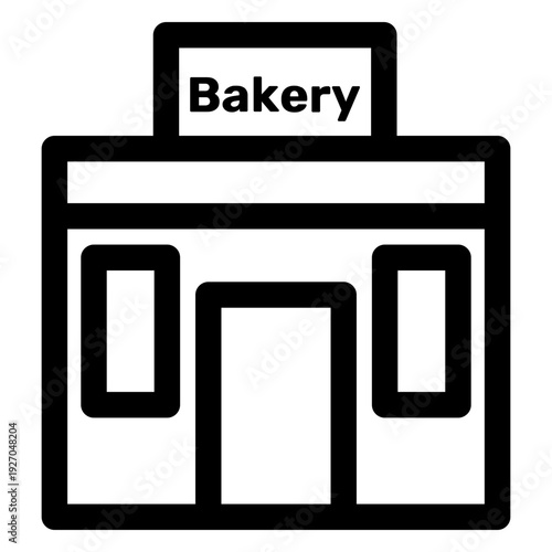 A simple black and white line art of a bakery, showcasing the shop's facade with a sign on the roof. The image is clean and minimalistic, emphasizing the essential elements