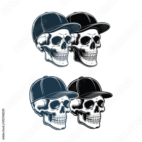 Four Skulls Wearing Baseball Caps in Two Rows headwear