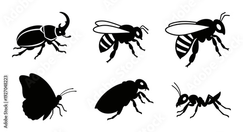 Insect Silhouettes Collection: Beetle, Bee, Butterfly, and Ant Vector Icons Set
