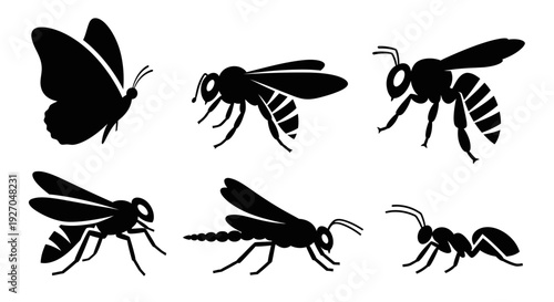 Insect Silhouettes Collection: Butterfly, Bees, Wasps, and Ant Vector Icons Set