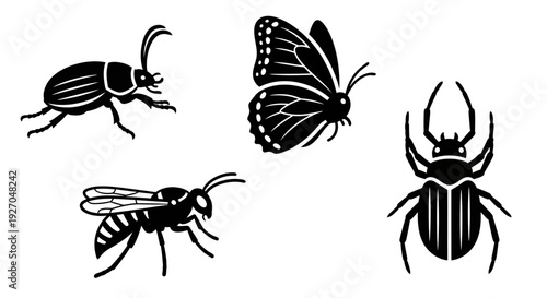 Insect Silhouettes Collection: Butterfly, Beetle, and Wasp Vector Icons