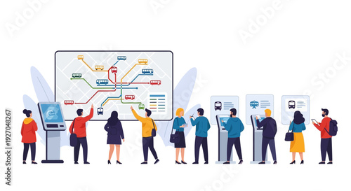 People interacting with modern digital kiosks and information displays.