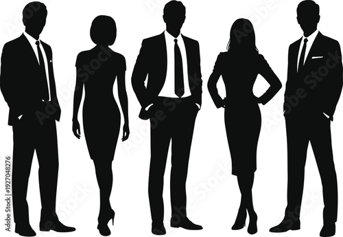 Professional business team silhouettes in formal corporate attire standing confidently against a white background for leadership, diversity, recruitment, and successful workplace partnership concepts.