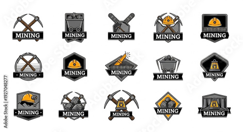 Collection of mining industry logos and emblems in monochrome style.