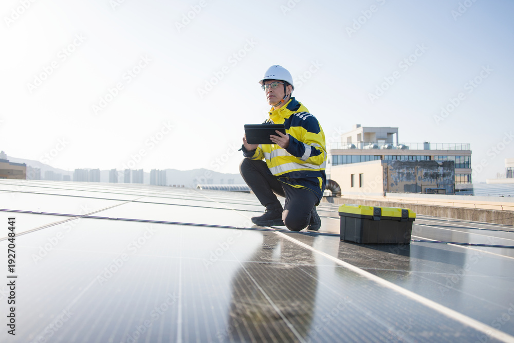 Fototapeta premium Engineer inspecting solar panels on rooftop while holding a tablet device