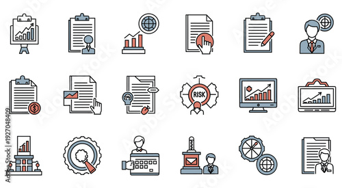 Business finance icons set vector analytics and corporate strategy illustration