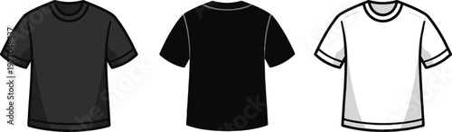 Vector blank t-shirt mockup set with front and back views in black and white colors for apparel design clothing template and fashion branding