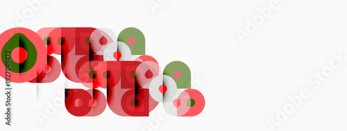 Abstract design features overlapping circles, red and green hues dominate composition. Minimalist aesthetic, clean lines present.