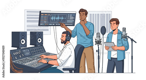 Sound engineers working in a recording studio setting.