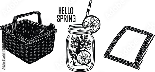 Black and white vector art showing picnic basket with bottle lemon herb beverage in jar with straw and decorative patterned picnic blanket layout with hello spring text