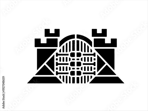 Stylized black silhouette of castle gate with two towers, battlements, and central arched portcullis, symbolizing medieval architecture, strength, and heraldic tradition