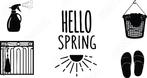 Minimalist black spray bottle laundry basket slippers radiator graphic and hello spring text vector design with sun rays on white background