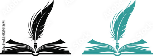 Elegant feather pen on open book symbolizing literature and writing