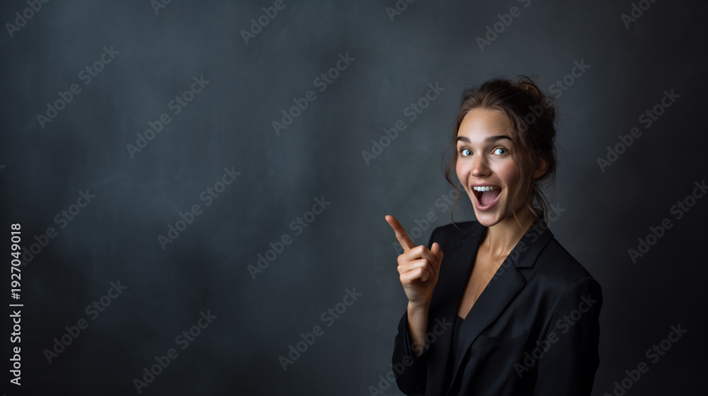 Fototapeta premium confident businesswoman pointing up with excited expression in studio, happy stylish woman in black blazer showing cool gesture and bright smile, amazed professional woman with elegant makeup presenti