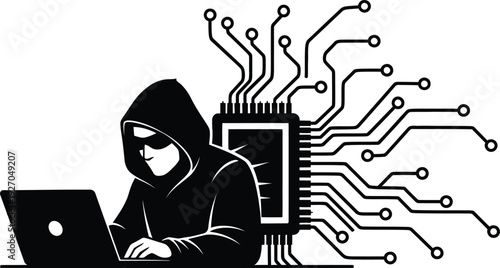 Hacker in hoodie working on laptop with circuit board background
