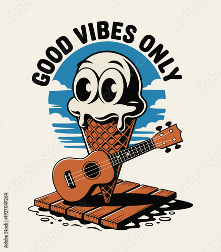 Vintage Cartoon Ice Cream Character with Ukulele and Good Vibes Only Text Retro Summer Illustration