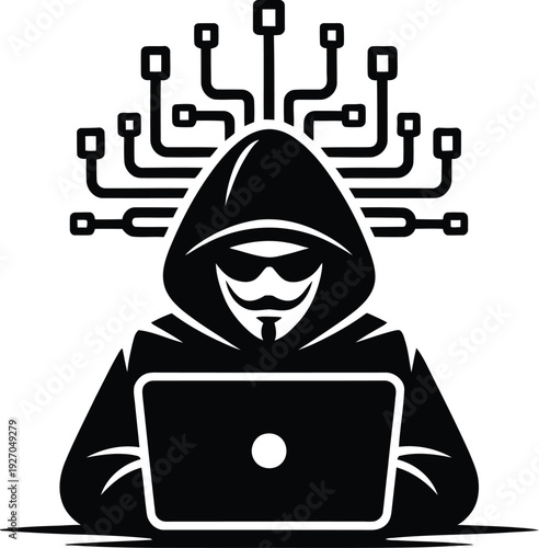 Hacker in hoodie working on laptop with circuit board design