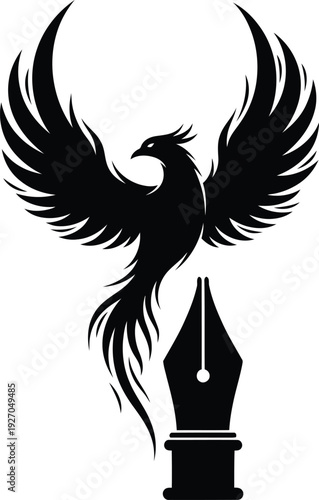 Majestic phoenix rising from fountain pen nib in dramatic gesture