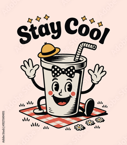 Vintage Cartoon Character of a Refreshing Cold Drink Cup Sitting on a Picnic Blanket with Stay Cool Text and Retro Vibes