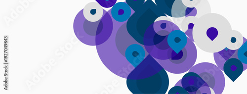 Abstract circles overlap, creating vibrant purple, teal hues. White space dominates bottom portion. Modern design element.